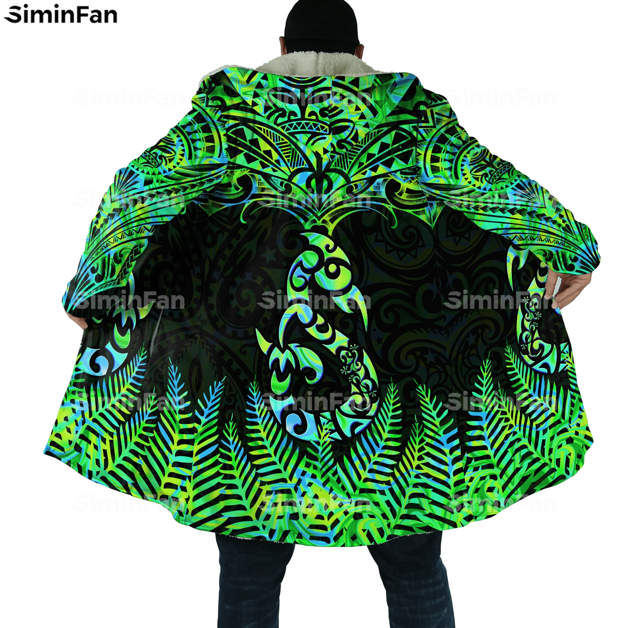 

Maori Fern Tattoo Aotearoa Turtle 3D Printed Thick Warm Hooded Cloak Men Windproof Fleece Cape Robe Overcoat Winter Windbreaker