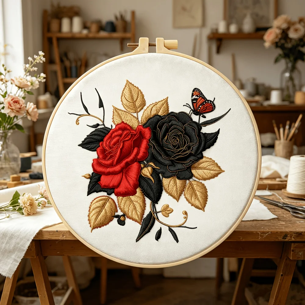 Embroidery Stitch Practice Kit For Adults Beginners Pre‑Printed Cloth Bamboo Hoop Thread Needles Hand‑Stitching Learning Craft