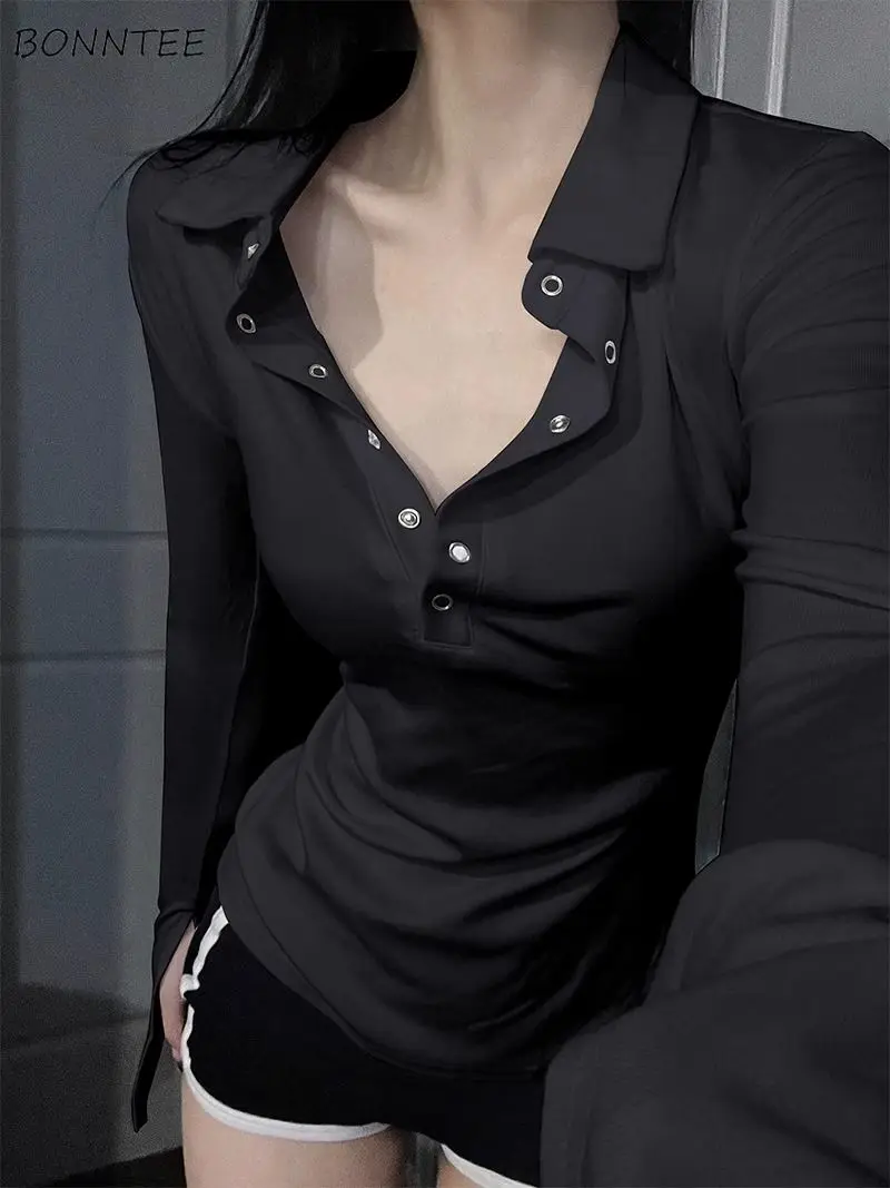 Bodycon Women T-shirts Long Sleeve Solid Color Turn Down Collar Sultry Minimalist Korean Style Minimalist Trendy Relaxed Stylish