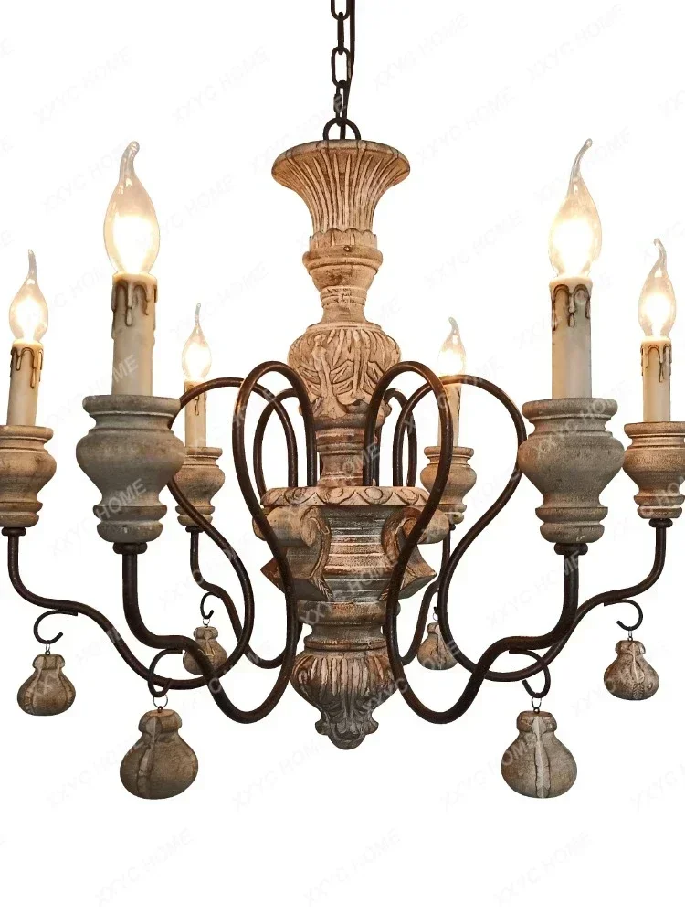 Classical Country Retro Idyllic Candlestick Chandelier Solid Wood Candle French Living Room Dining Room Bedroom Distressed Lamps