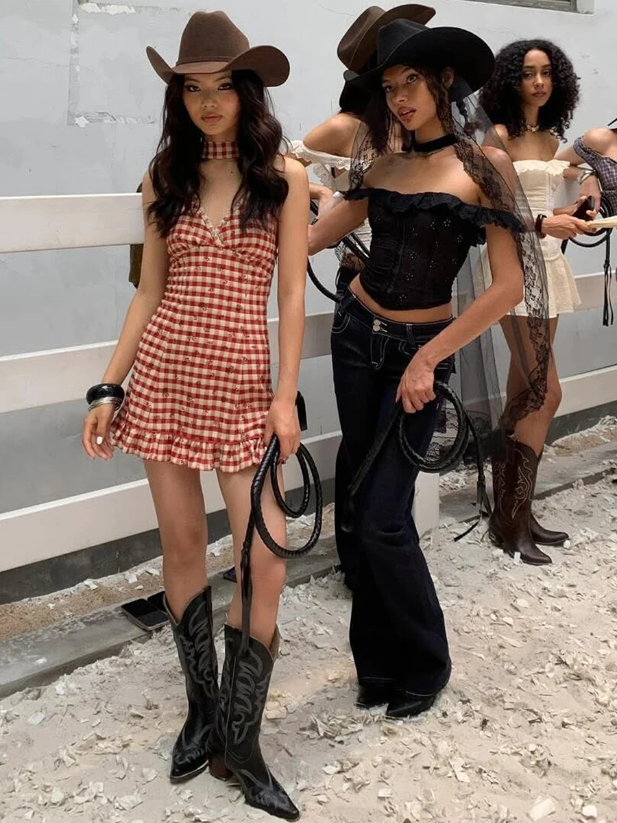 WEIRD PUSS Western Spicy Girl Plaid Print Sa Pendurado Ne Dr Mulheres Sli Emagrecer Or Saia Doce Sle Cintura Alta P...