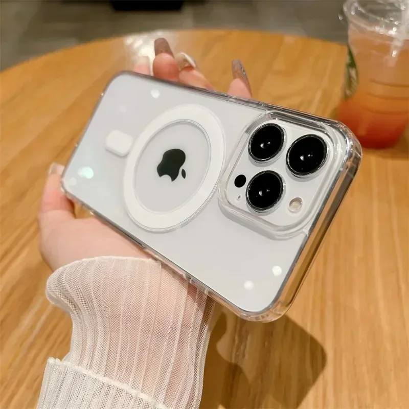 เคสแม่เหล็กคริสตัลใสหรูหราสำหรับ MagSafe ชาร์จแบบไร้สายสำหรับ iPhone 16 15 14 13 11 Pro Max PLUS เคสฝาหลังป้องกัน