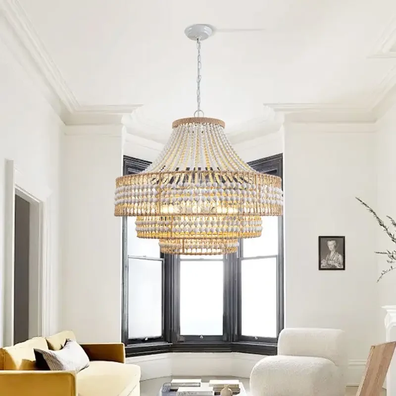 

Popular styles French retro style Wood Bead Rope Chandelier for Living Room Dining Room Kids Bedroom Hotel Decor Lighting