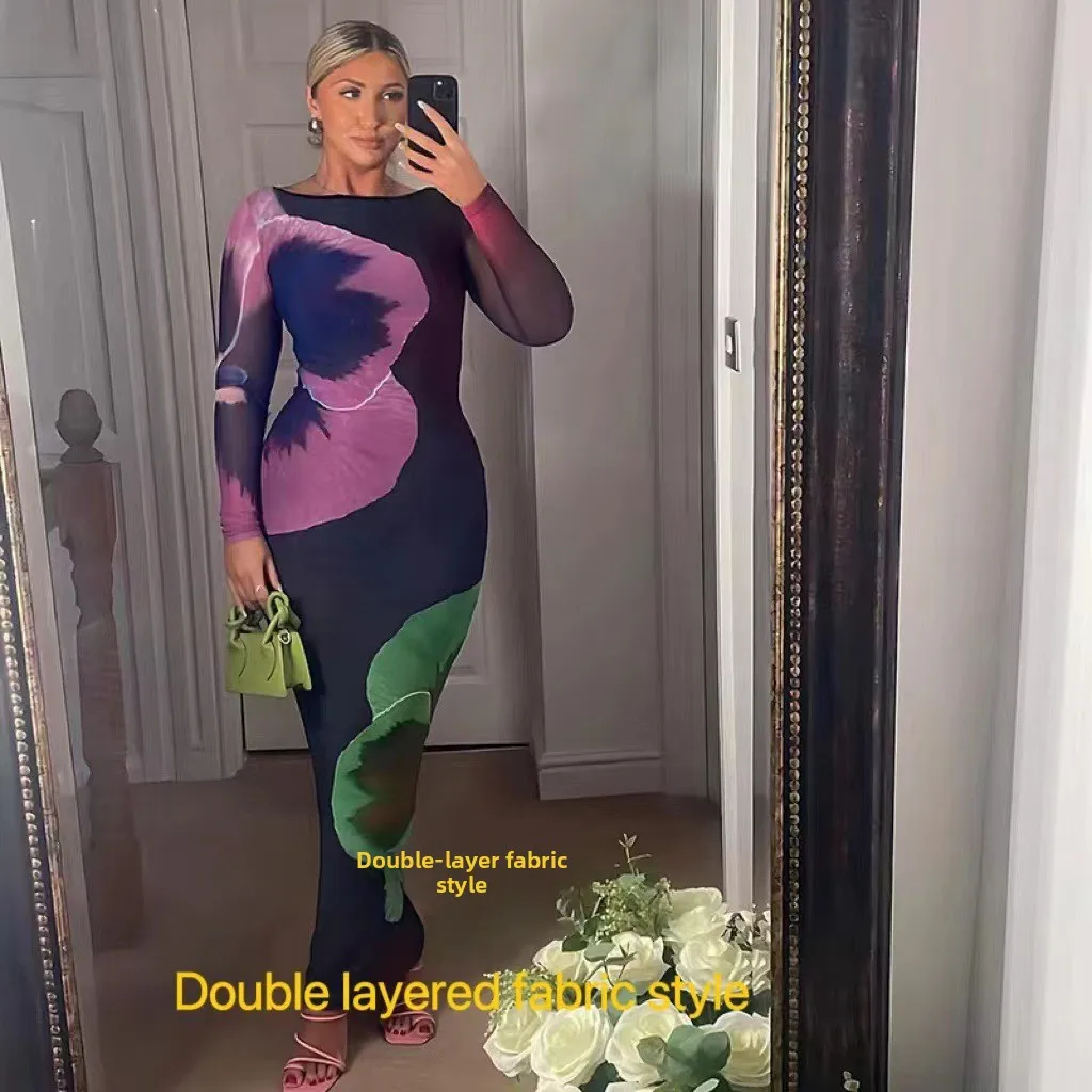 

Spring New Faion Sexy Print round Ne Slim Fit Double Layered Wrap around Skirt Dr Sli Casual Long Sve Women's D...