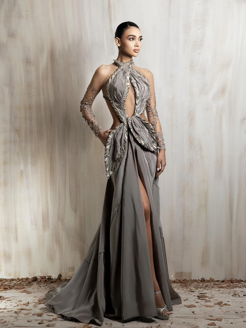 Newest Sexy Grey Halter Evening Dress Illusion Long Sleeve Chic Dainty Cutout Beaded High Split Mermaid Formal Gown With Train