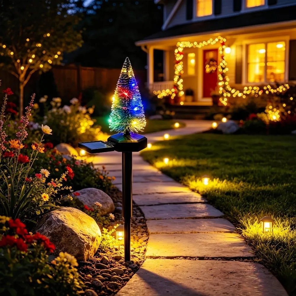 Simulated Solar Christmas Tree Lights Waterproof Creative Christmas Garden Floor Lamp Ground Mounted Warm/Colorful Light