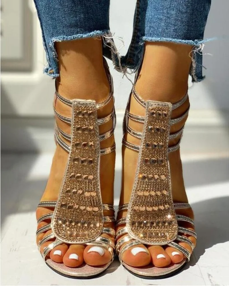 Comemore 2023 Summer Pumps Shoe High Heels Bling Fashion Medium Heel Shoes Women Rhinestones Sandalias Mujer New Women\'s Sandals