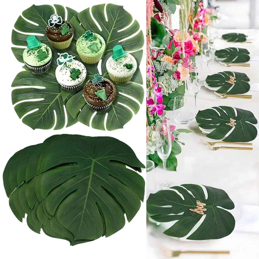 24 Uds. De hojas de palma tropicales artificiales, jungla, playa, fiesta temática, accesorios de flores, tapete para tazas, decoración de mesa para el hogar, fiesta de cumpleaños y boda
