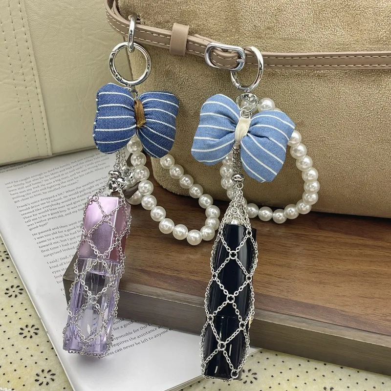 Korean High-end Pearl Chain Cotton Bow Woolen Ball Leopard Pattern Star Lipstick Mesh Bag Pendant Keychain 10PCS