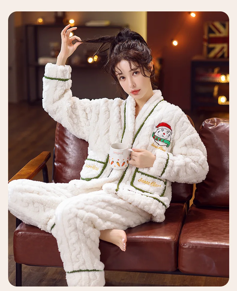 Christmas Pyjamas Sets Women Winter Thicken Warm Coral Fleece Pijamas Long Sleeve V-Neck Sleepwear Female Loungewear Homewear