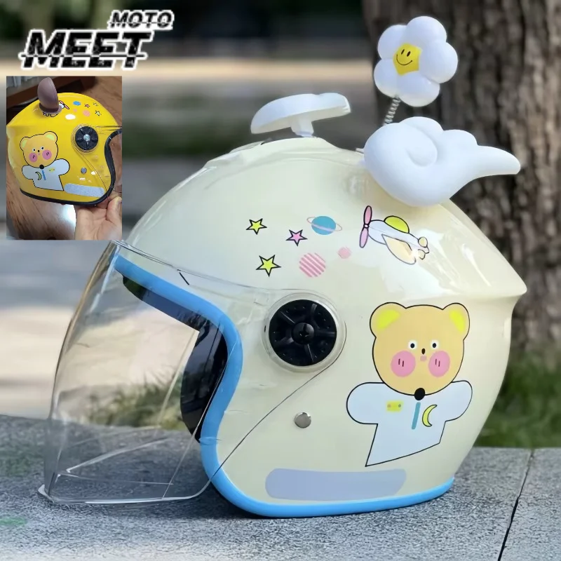 3-14 Years Old Kids Cute Half Face Helmet with Balloon Rabbit & Wings, Rainproof Sunscreen Safety Helmet for Scooter Riding