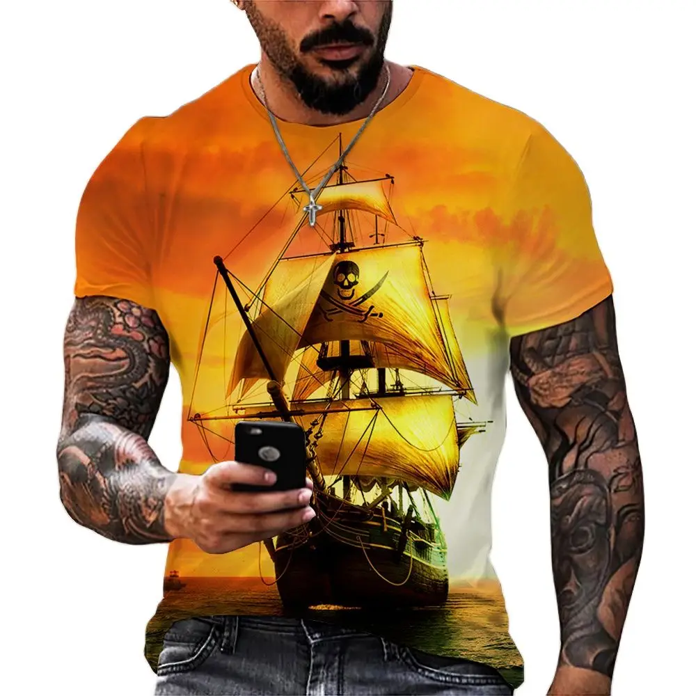 Vintage Men\'s T-shirts 3D Ship Print Short Sleeve Pirate Ship T Shirt For Men Clothing Oversized Tee Shirt Men Camiseta Hombre