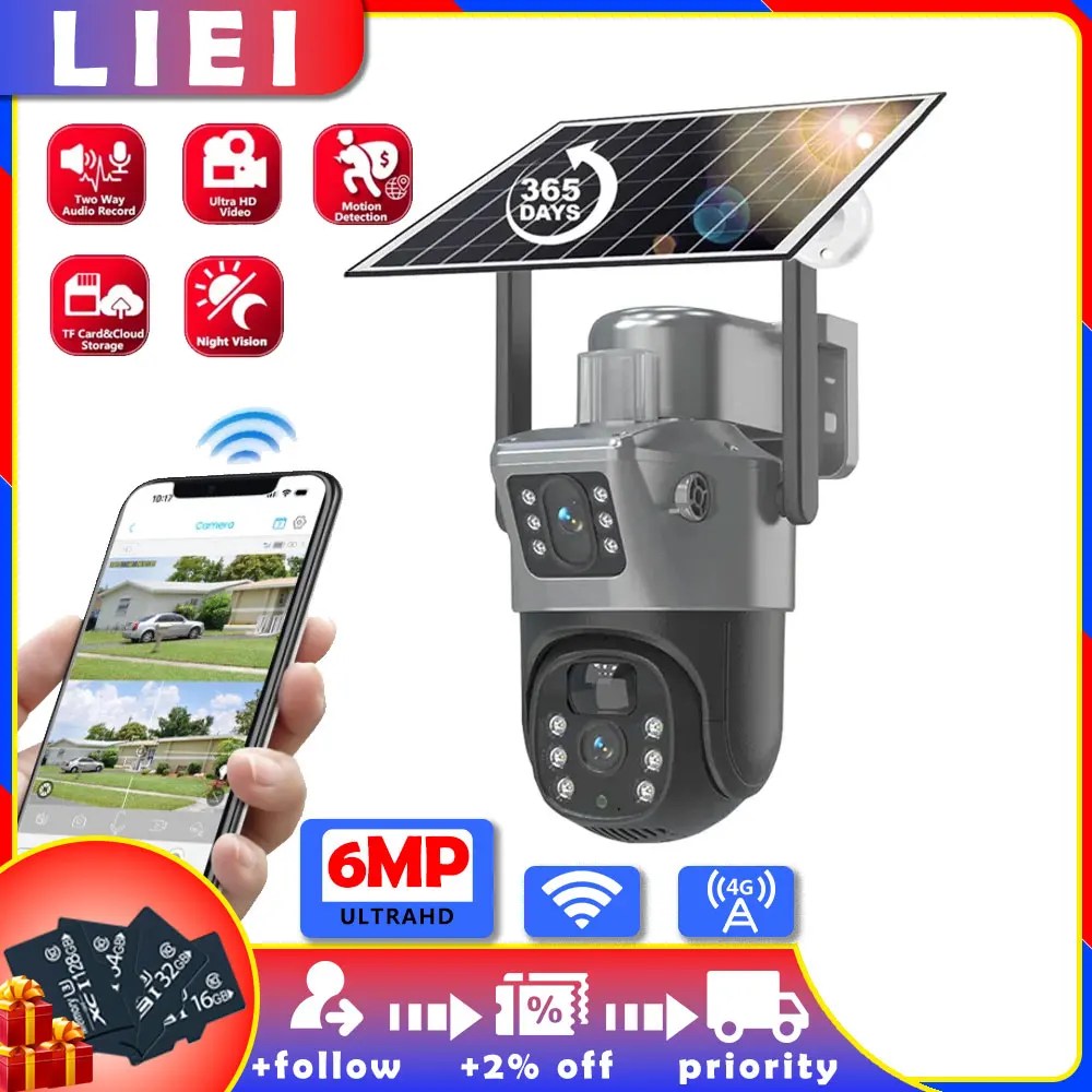 

LIEI Two-way Voice Solar WIFI/4G Camera Surveillance Camera 6MP Dual Lens Camera Recording Battery Outdoor Support 128G TF Card