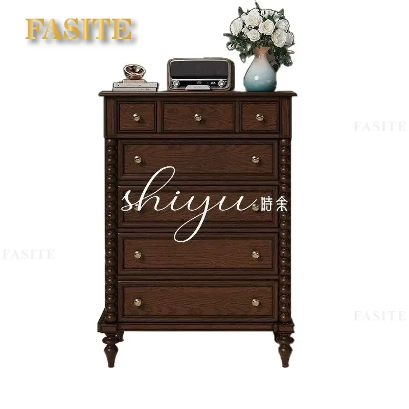 French Medieval Solid Wood 7 Drawer Chest Cabinet Retro Bedroom Nightstand Storage Locker Living Room Entryway Wall Unit