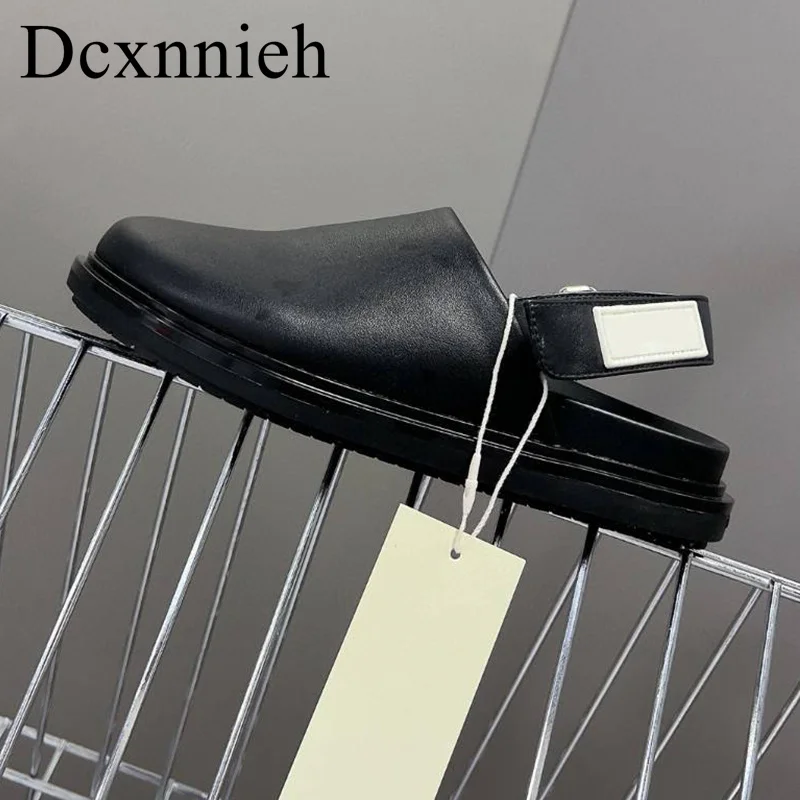 

Мюли женские с круглым носком, натуральная кожа, плоская подошва, сандалии с закрытым носком, летняя уличная одежда, для отдыха