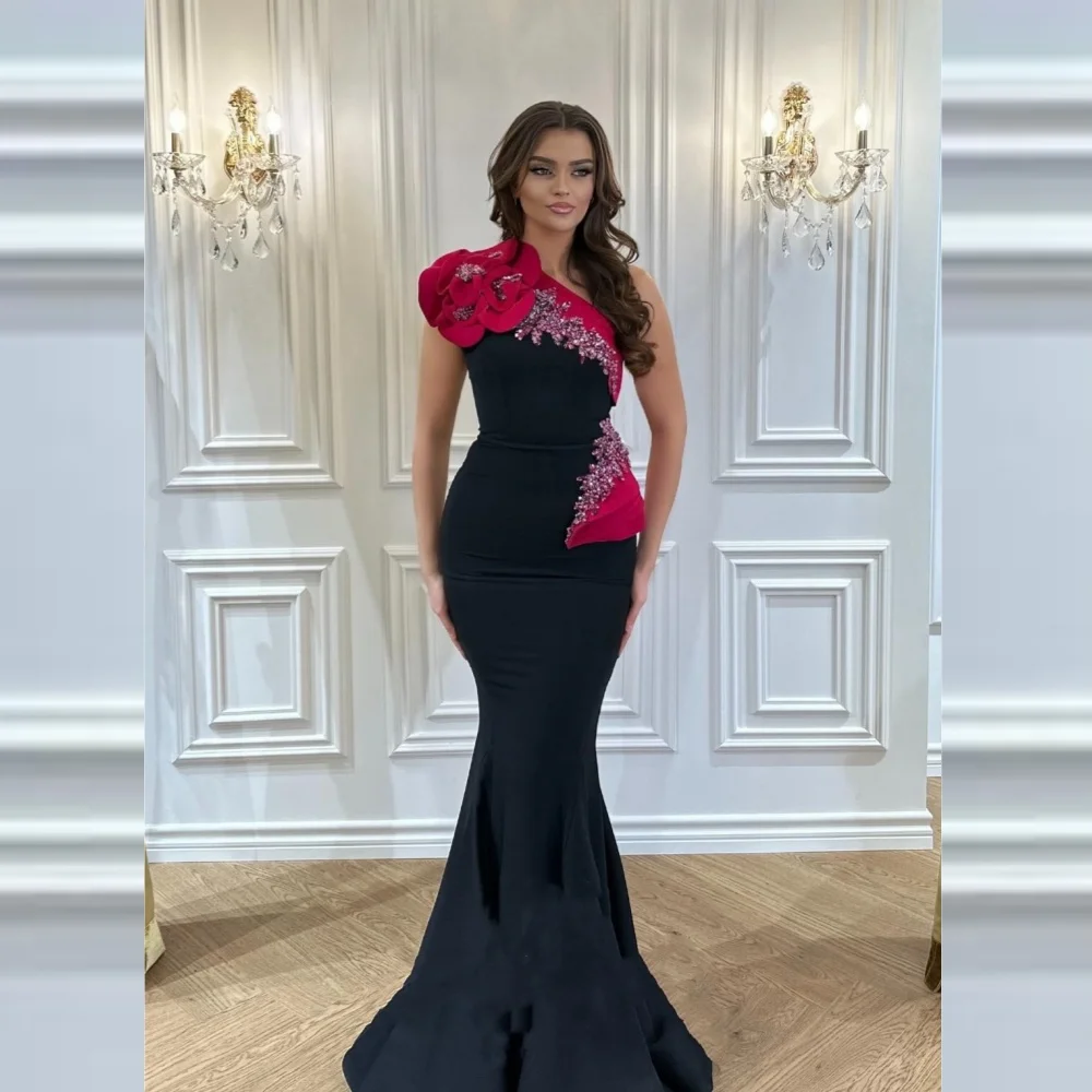 Jersey Sequined Flower Beading Ruched Celebrity Mermaid One-shoulder Bespoke Occasion Gown Long Dresses