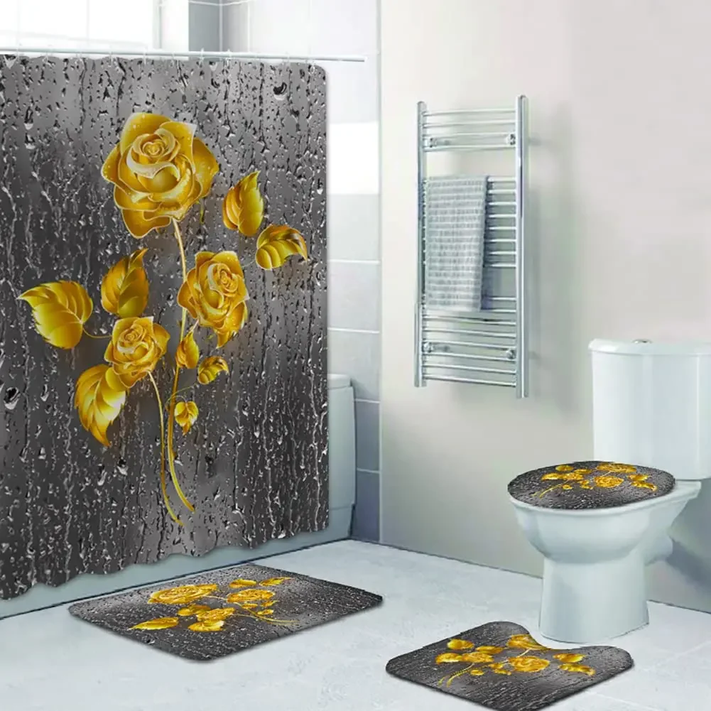 Gold Rose Black Bathroom Set Luxury Shower Curtain with Bath Mat Rug Carpet for Toilet Decor Accessories    4pcs