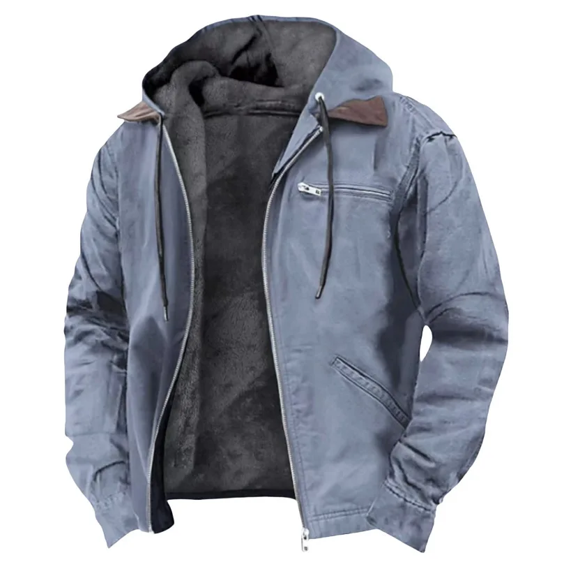 Inverno masculino jaqueta de pelúcia vintage cor sólida zíper masculino casaco com capuz manga longa à prova vento casual versátil homem carga outerwear