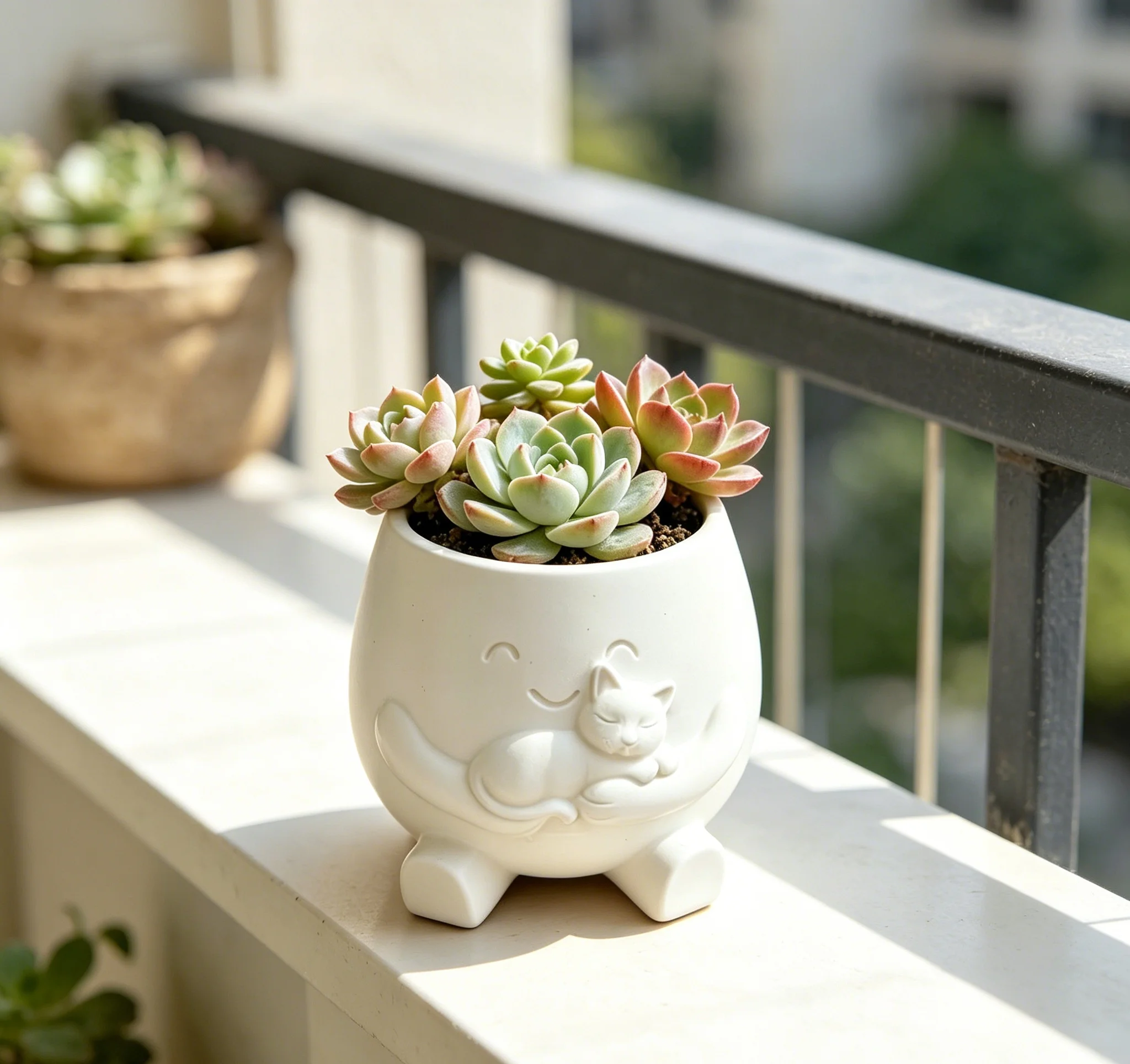 Mini Cat Planter, Round Succulent Vase, Cute Plant Container, Home Table Decor, Kawaii Desktop Ornament, Gift for Plant Lover