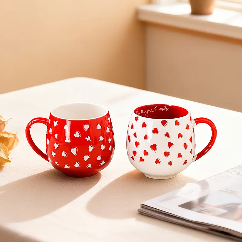 2pcs 370ml Ceramic Mug, Ideal Gift for Valentine's Day, Reusable Heart-shaped Coffee Cup, for Coffee/Milk/Juice, Home Use