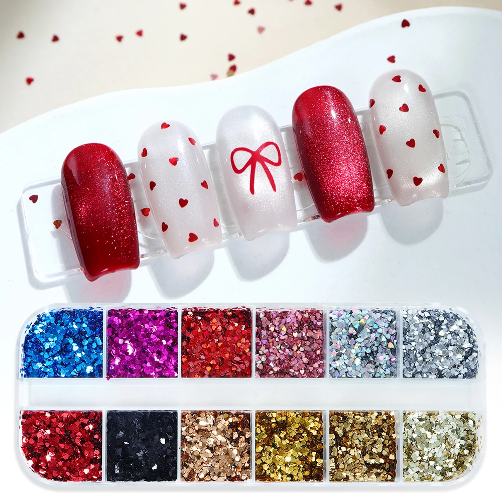 12 Grids Valentines Nail Art Glitter 1mm Love Heart Sequins For Nails Decoration Mini Hearts Manicure Accessories Spring Nails
