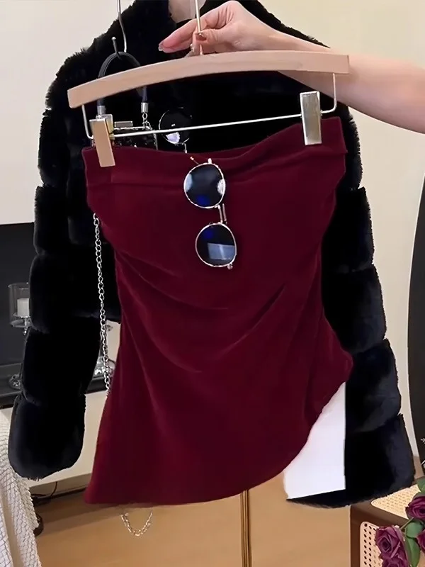 

Sexy Velvet Folded Bustier Tank Top Women's Slim Fit Inner Wear ort Sle Casual Leisure f High Collar Thermal Vest