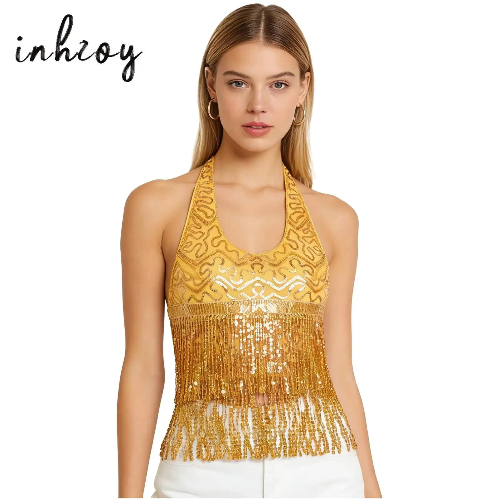 Womens Belly Dance Bra Top Halter Sleeveless Lace-up Shiny Sequins Tassel Crop Top for Belly Dance Training Stage Performance