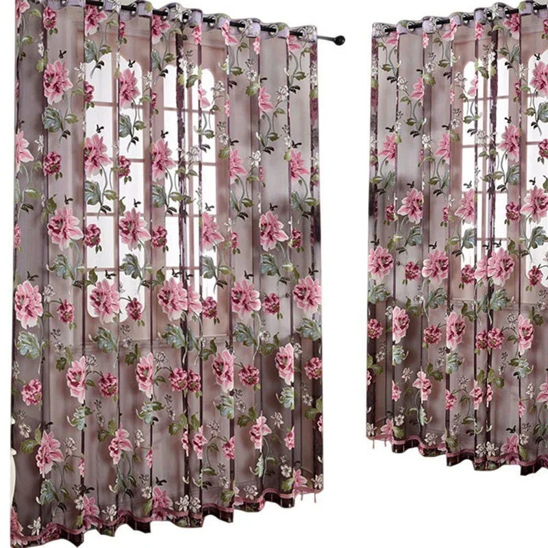 

Curtain Glass Door Decorative Curtain Bedroom Peony Voile Curtain Tulle with Lace Ham Pendants French Window Drape Sheer,