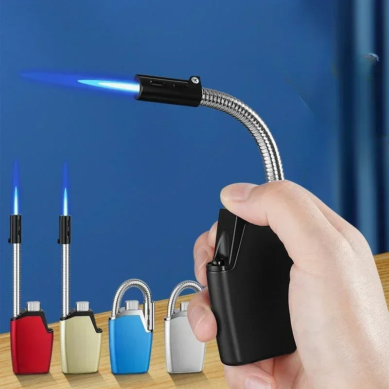 

Hot Sales Metal Folding Hose Spray Gun Lighter Windproof Portable Inflatable Blue Flame Turbo Butane Gas Candle Kitchen Lighter