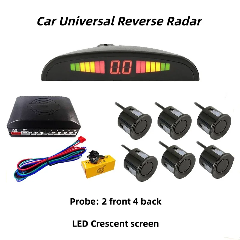 A Set of Universal Car Reversing Radar With 6 Sensors Full Car Radar 2 Front and 4 Rear LED Crescent Screen
