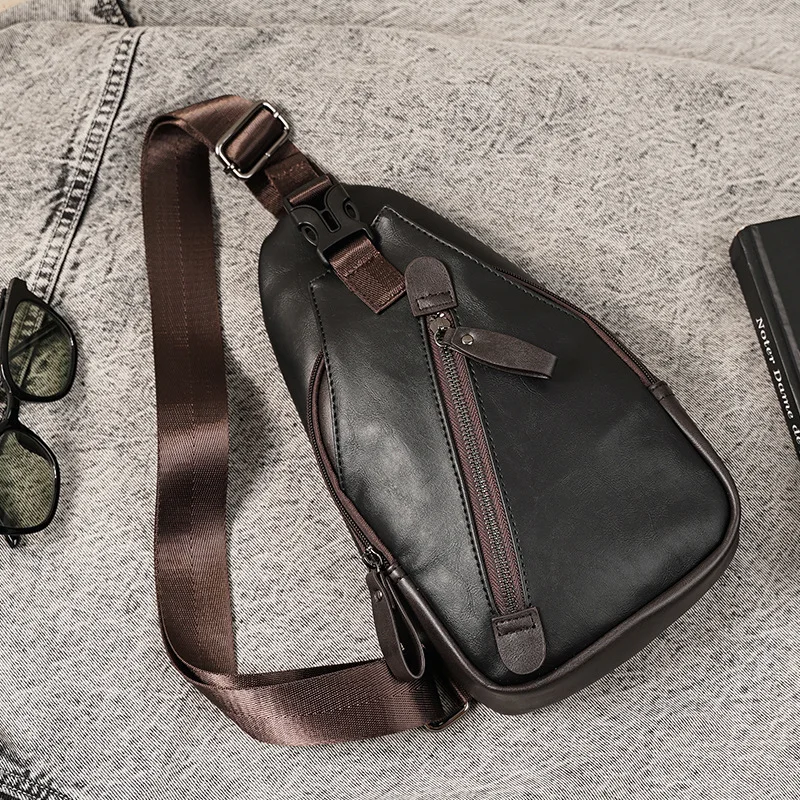 حقيبة صدر للرجال متعددة الجيوب من جلد البولي يوريثان، سعة كبيرة، متعددة الوظائف، حقيبة ظهر قطرية للتنقل، حقيبة كتف