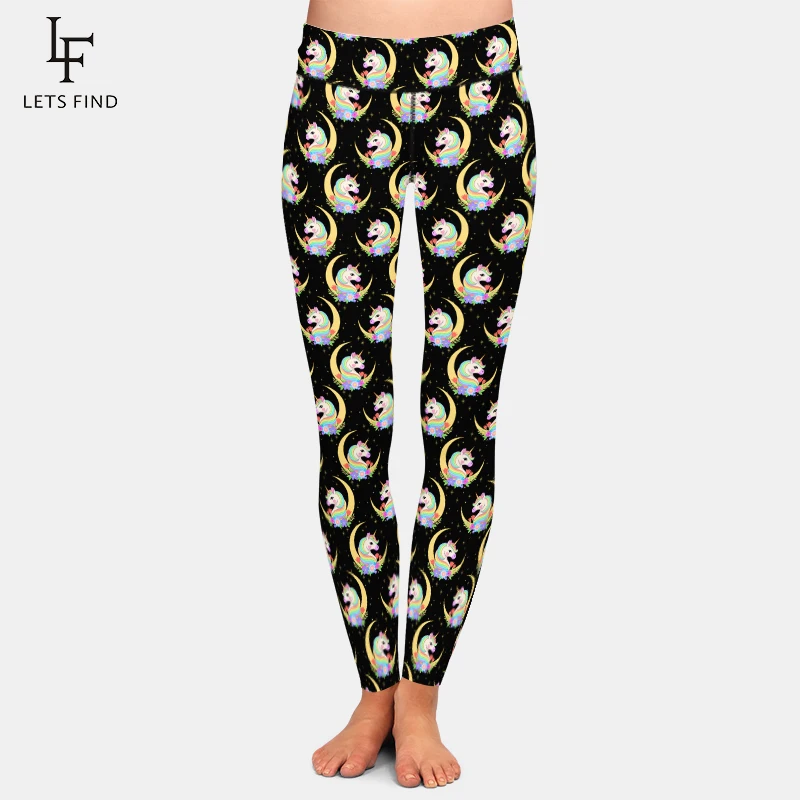 LETSFIND Super Soft Women Pants 3D Crescent with Unicorn Head and Flowers Print High Waist Fitness Sexy Slim Stretch Leggings