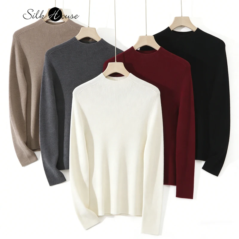 

Machine Washable 100% Merino All Wool Seamless Solid Color Semi High Neck Long Sleeved Knitted Sweater