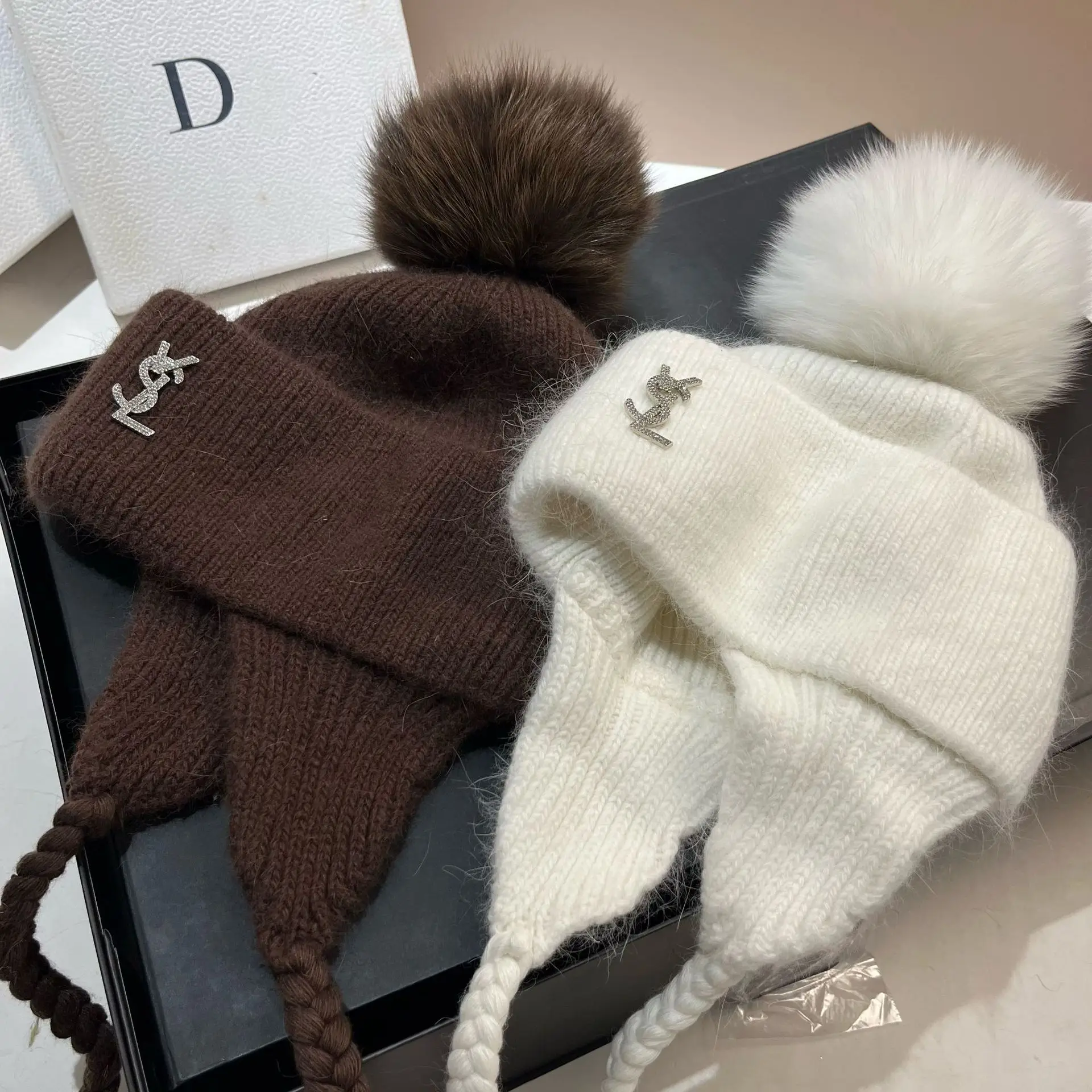 

​Sweet Women's Winter Hat 2025 - Plush Rabbit Fur Knitted with Big Pom Pom, Thermal Ear Warmer, Cozy Chic​