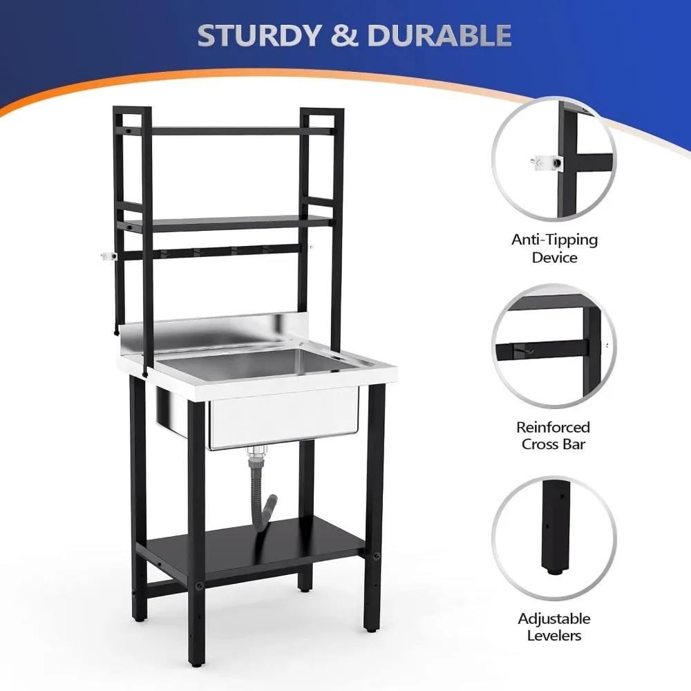 Pia comercial de aço inoxidável 304 de 67 "h com prateleiras ajustáveis e haste de suspensão com ganchos, pia utilitária independente para