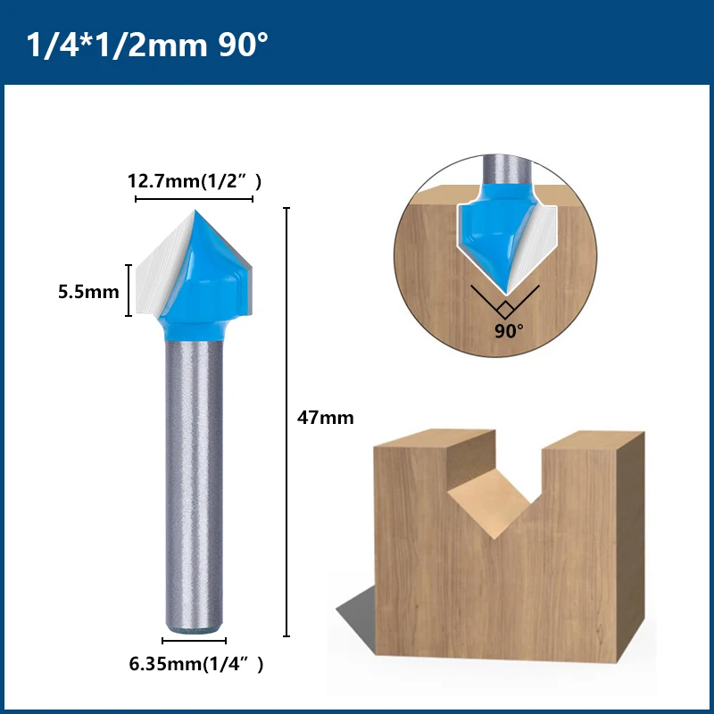 Xcan v groove bit 60/90 graus 1/4 shank com 1/2 diâmetro carboneto fresa de madeira, carpintaria roteador bit