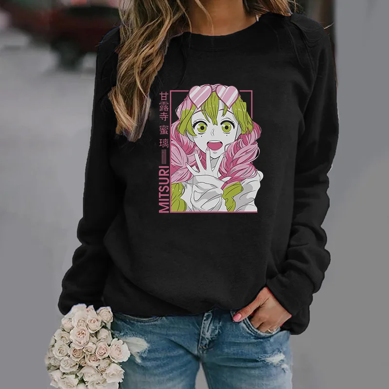 Cute Kanroji Mitsuri Pattern Printed Pullover Women's Long Sleeve Anime Kanroji Mitsuri Sweatshirt Fashion Women's Sweatshirt