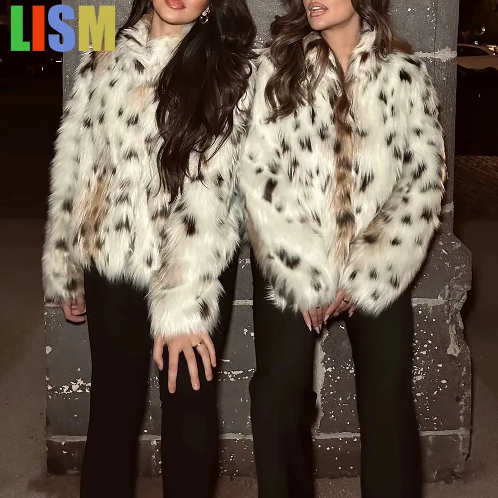 

LISM 2025 Leopard Loose Chic Thicken and keep warm Jackets for Women Lapel Long Sleeve Feather Coat Female Fashion New