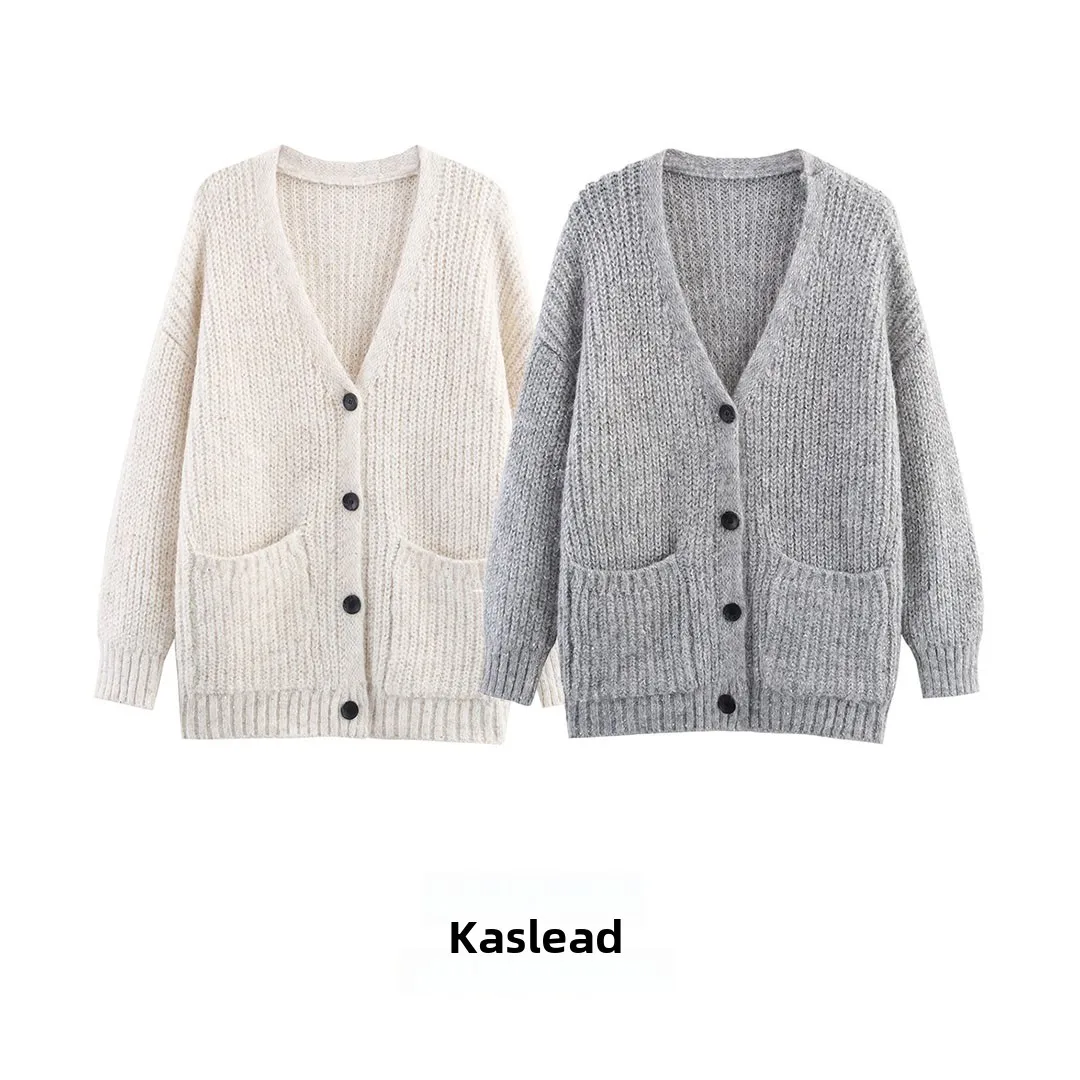 

KASLEAD New Women's Loose Long Sve V-Ne ket Knitted Cardigan Sweater Outerwear Cozy Breathable Polyester Fiber