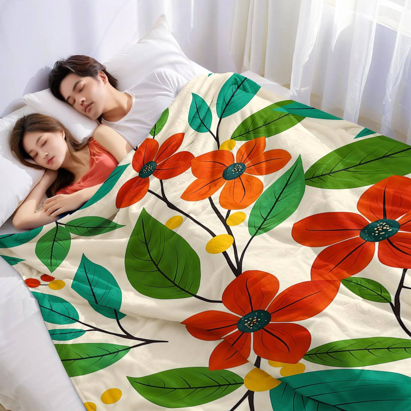 Red Floral Leaf Ultra Soft Sherpa Fleece Blanket Fluffy Warm Halloween Cozy Throw for Sofa Couch Bedroom Gift All season