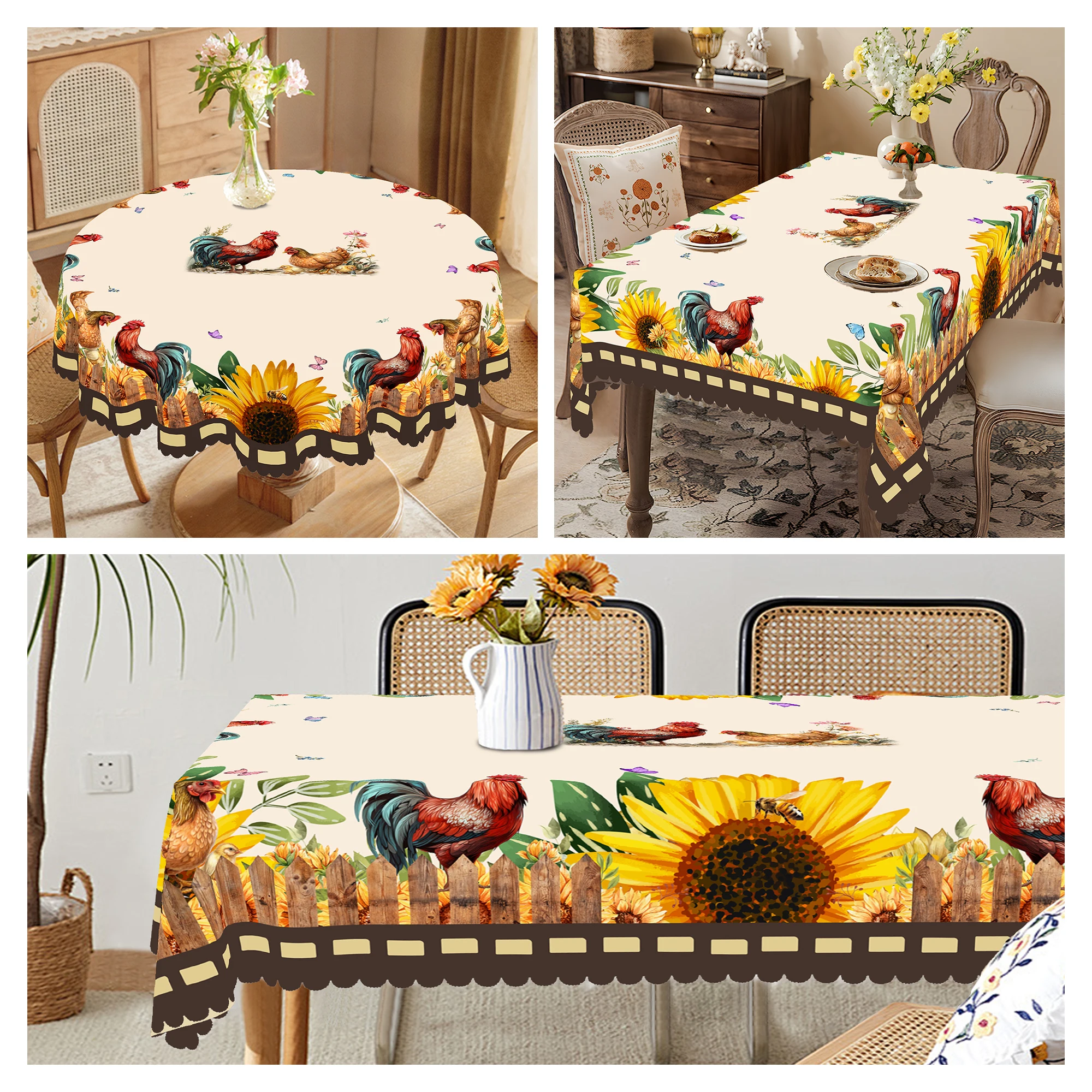 1 Stück Vintage-Tischdecke im Landhausstil, rund und rechteckig, in verschiedenen Größen erhältlich, mit einem ländlichen Hahn und hellen Sonnenblumen, mit bedruckter Tischdecke, verziert mit bunten