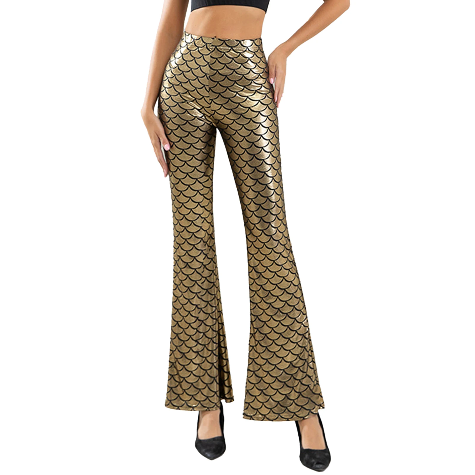 Womens Fish Scale Printed Flared Pants Metallic High Waist Elastic Waistband Bell-Bottomed Trousers Role Play Costume Clubwear