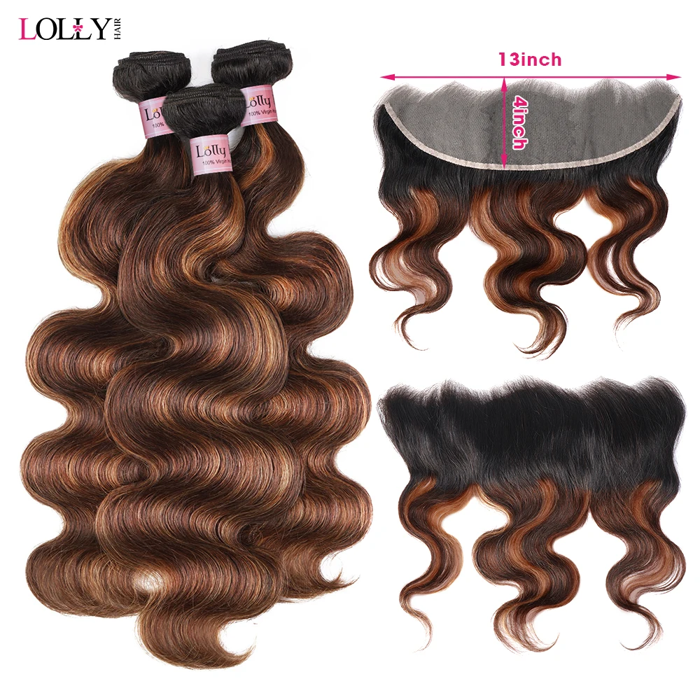 FB 30 Brown Highlight Bundles With Frontal Ombred Body Wave Bundles With Closure 1b 4/30 Colored Human Hair Bundles With Frontal