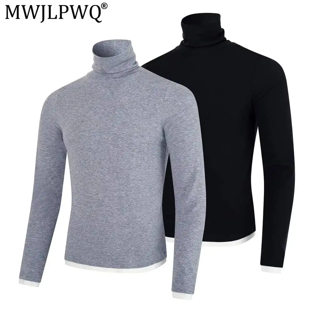 MWJLPWQ High-Neck Stacked-Collar Solid-Color Long-Sleeve Base T-Shirt For Men Spring Autumn Faux Two-Piece Patchwork Tops 20176