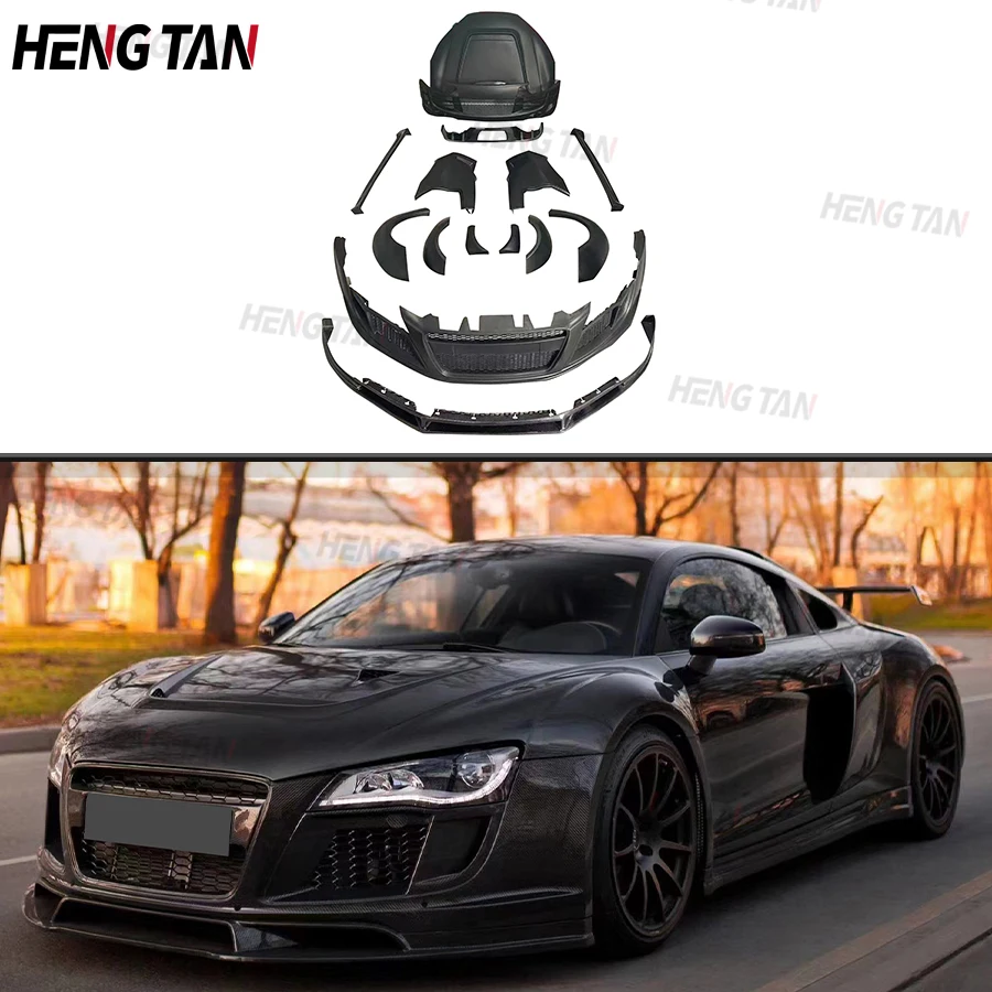 For Audi R8 2008-2015 FRP Matt Black Upgrade  Front Bumper Side Skirt Rear Bumper Rear Trunk Spoiler Hood Fender Body kit