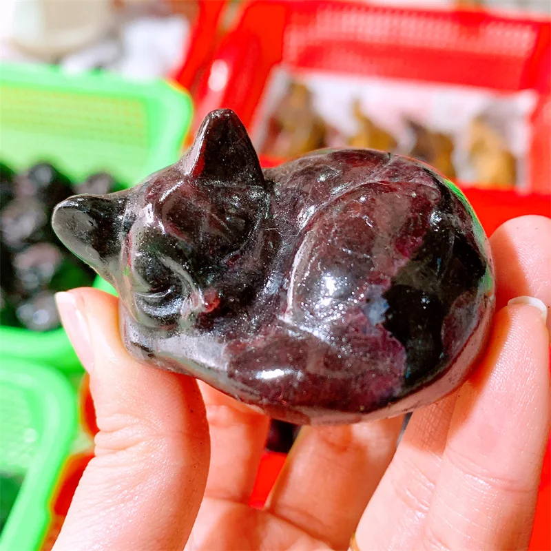 Natural Garnet Sleeping Cat Reiki Home Room Decoration Crystals Quartz Accessories Gemstone Gift 1PCS