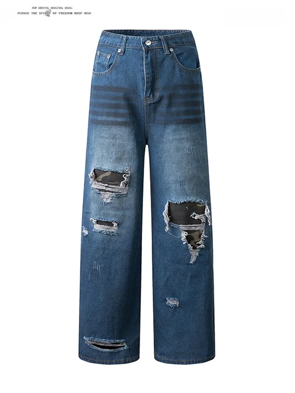 

Ретро-джинсы в американском стиле с пэчворком и прорезями, мужские, свободные, прямого кроя, молодежные, летние, повседневные, в стиле High Street