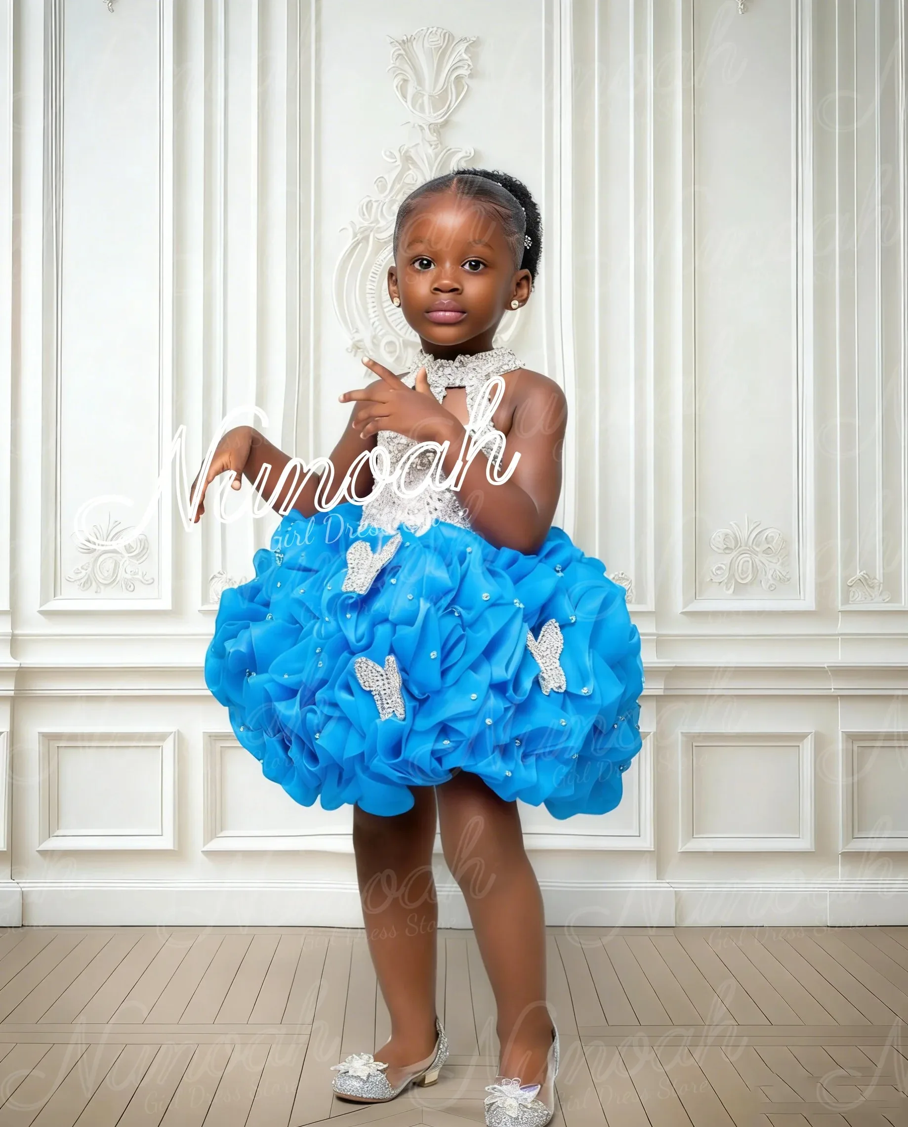 Blue Flower Girl Dress For Wedding Ruffles Girl Birthday Party Gowns with Bow Sleeveless First Holy Communion Gown Customized
