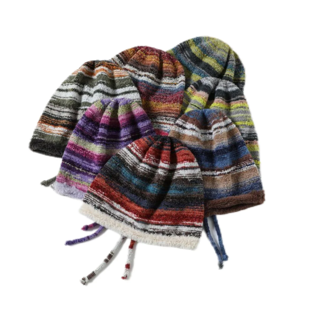 2024 New Mink Velvet Hoody Hat Strap Beanie Hat Women Autumn Winter Warm Knitted Hat Rainbow Colored Stripe Pullover Hat Hoodies