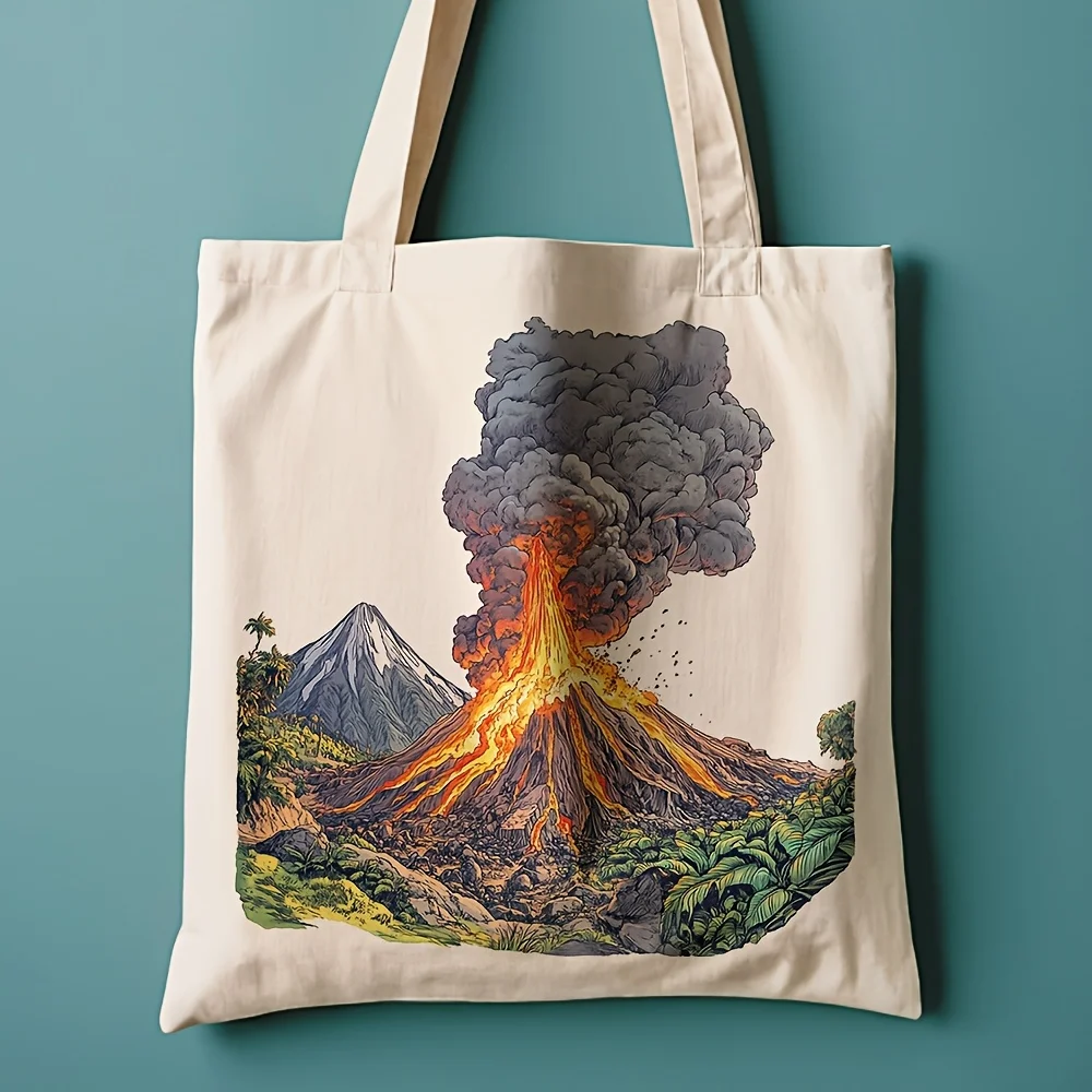 1pc Volcano Eruption Canvas Tote Bag - 35.05cm x 40.13cm Reusable Grocery Bag with Vibrant Volcanic Art, Durable Polyester Canva